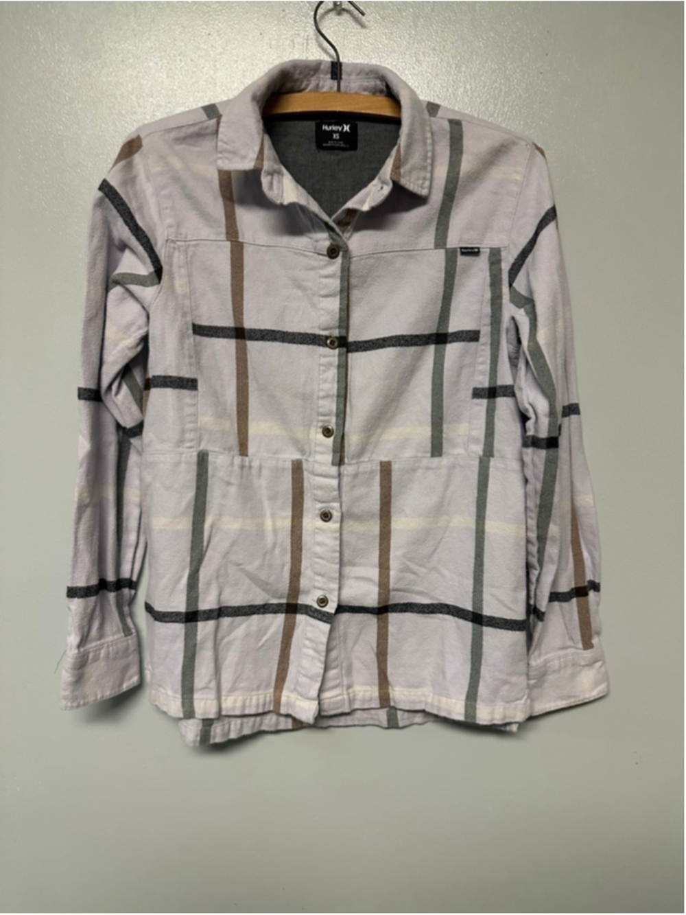 Hurley Light off white Plaid Button Down flannel Shirt Size XS casual Y2K